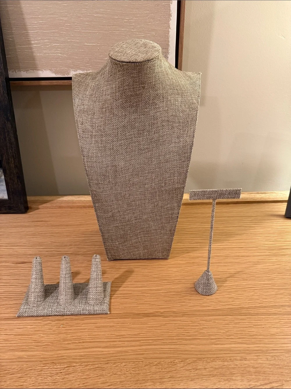 Natural Burlap Linen Jewelry Display Set- bust, earring stand, ring holder